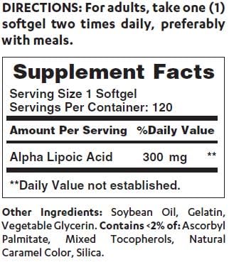 Vitamin World Alpha Lipoic Acid 300 mg. 120 softgels Triple Strength Antioxidant Rapid-Release Gluten Free