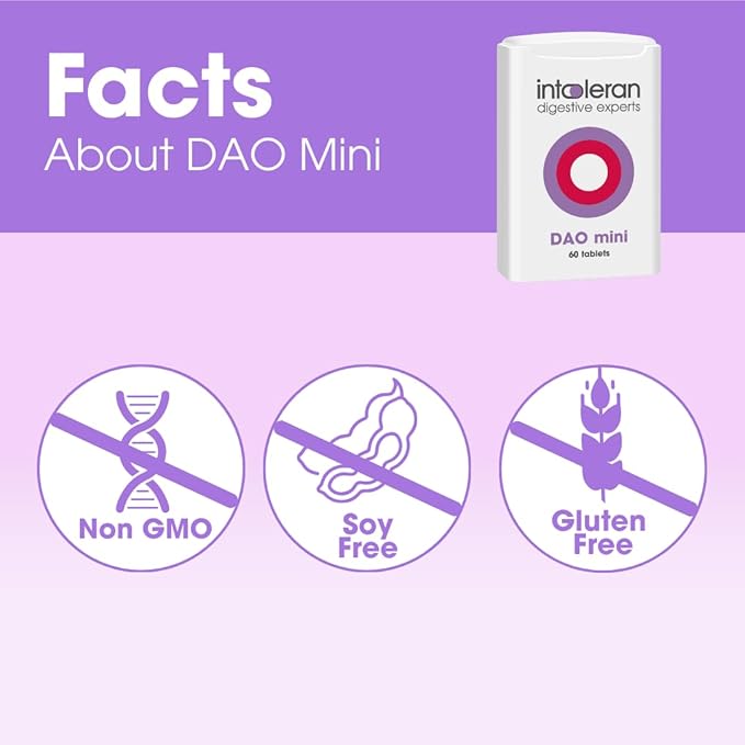 Intoleran DAO Mini Digestive Enzymes - 60 Tablets | Supplement for Histamine Intolerance &amp DAO Deficiency | Healthy Histamine Levels | 30000 HDU Pure Diamine Oxidase (DAO) Enzyme | Coated