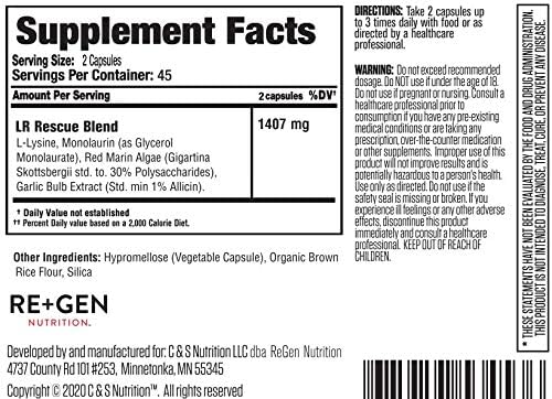 Re+Gen Nutrition Lysine Rescue Amino Acid Supplement for Stronger Immune Health &amp Collagen Synthesis in Women &amp Men Promotes Lips &amp Skin Health Natural Pure L-lysine 90 Capsules 45 D