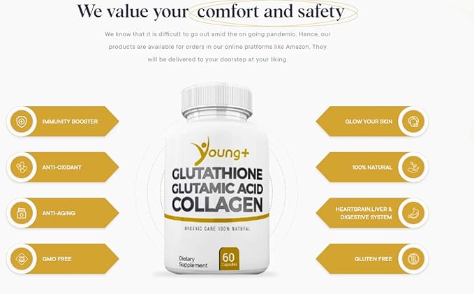 Young+ Glutathione Glutamic Acid and Collagen. Antioxidant Supplement - 1000mg 60 Capsules