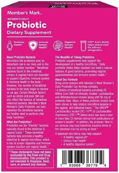 Member's Women's Daily Probiotic Capsules 25 Billion Cells Vegetarian Probiotics for Digestive Health (90 ct.) with Taha Sticker