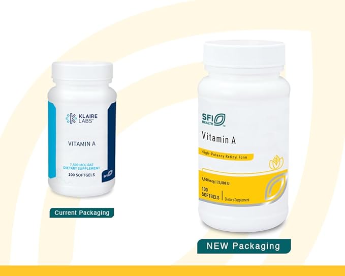 Klaire Labs SFI Health Vitamin A - High Potency 25000 IU Dose (7500mcg RAE) from Fish Liver Oil Preformed Retinol Form (100 Softgels)