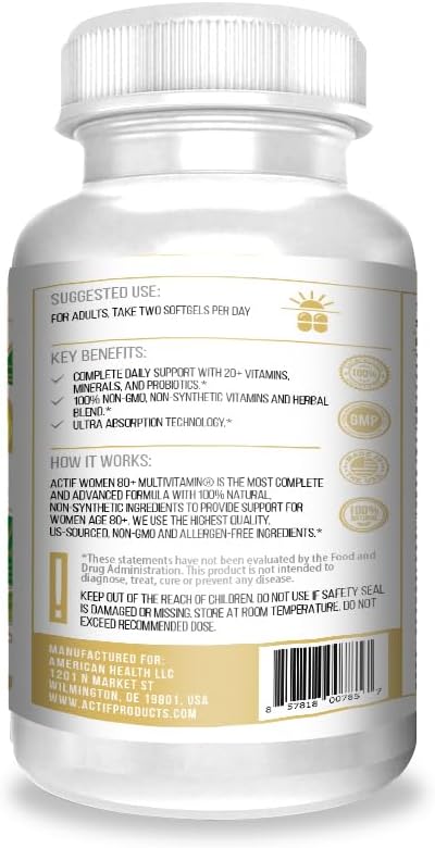 ACTIF Organic Multivitamin for Women Age 80+ with 20+ Advanced Factors and Omega-3 – Non GMO Made in USA 90 Count