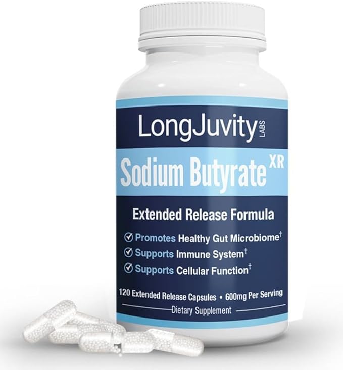 LongJuvity Sodium Butyrate Supplement (300mg) - Optimal Gut Health for Men &amp Women - Digestion Support &amp Leaky Gut Repair - Postbiotic Short Chain Fatty Acid Lab Tested (120 Extended Release