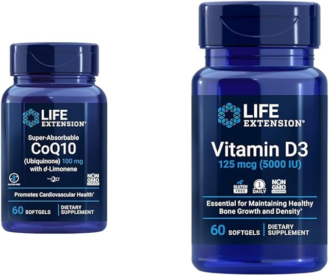 Life Extension CoQ10 60 Softgels and Vitamin D3 5000 IU 60 Softgels Bundle