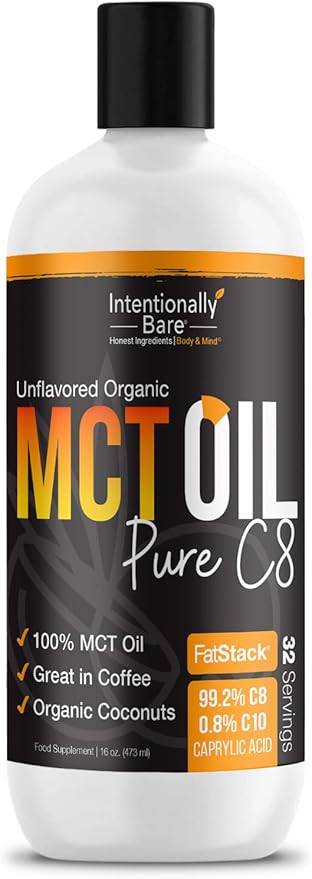 Intentionally Bare MCT Oil - Coconut Oil with 99.2% C8 and 0.8% C10 for Clean Energy Brain Health &amp Focus - MCT Oil C8 for Keto Paleo &amp Vegan Diet - Unflavored Coconut MCT for Coffee &amp S