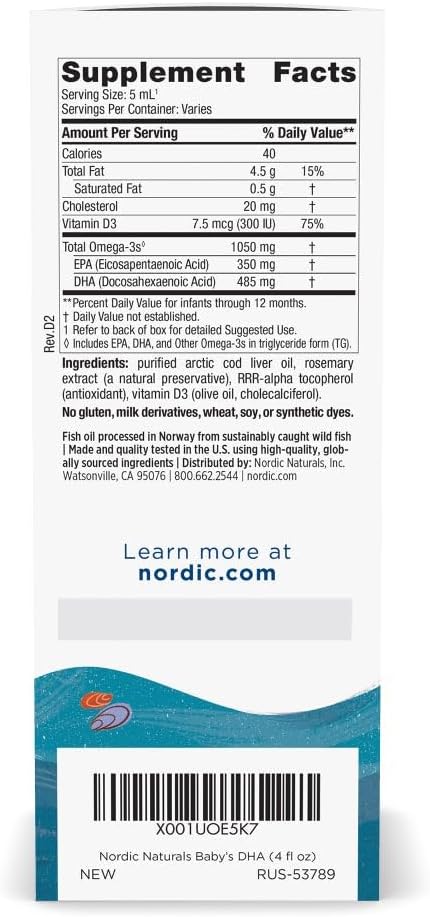 Nordic Naturals Baby’s DHA Unflavored - 4 oz - 1050 mg Omega-3 + 300 IU Vitamin D3 - Supports Brain Vision &amp Nervous System Development in Babies - Non-GMO - Servings May Vary