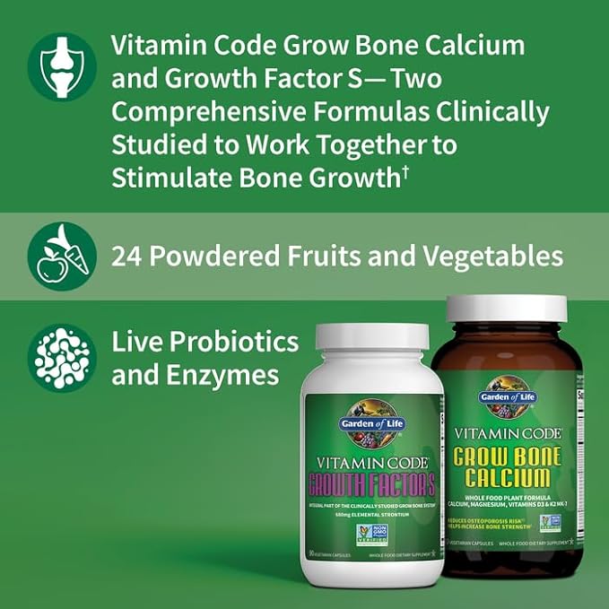 Garden of Life Calcium Supplement - Vitamin Code Grow Bone Made with Whole Foods Strontium Magnesium K2 MK7 Vitamin D3 &amp C Plus Probiotics for Gut Health 30 Day Supply