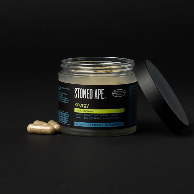 Stoned Ape Xnergy - Adaptogenic Nootropic - Supports Memory Focus Energy Mood Blue Light Filtering - ALCAR B12 Bacopa Astaxanthin Lutein Choline - Keto Paleo Vegan - NSF Sport Certified