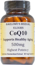 Barlowe's Herbal Elixirs CoQ10 | Ubiquinone | Hi-Potency | 500 mg Per Capsule | Stearate-Free | Encased in Recyclable Glass Bottle | Heart Health Support | 60 Veggie Capsules