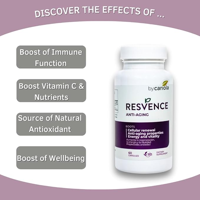 Resvence Resveratrol Supplement Capsules - Antioxidant - Boost Immune System - Energy &amp Vitality - Cellular Renewal - Supports General Wellbeing - Resveratrol - Camu Camu - 60 Caps