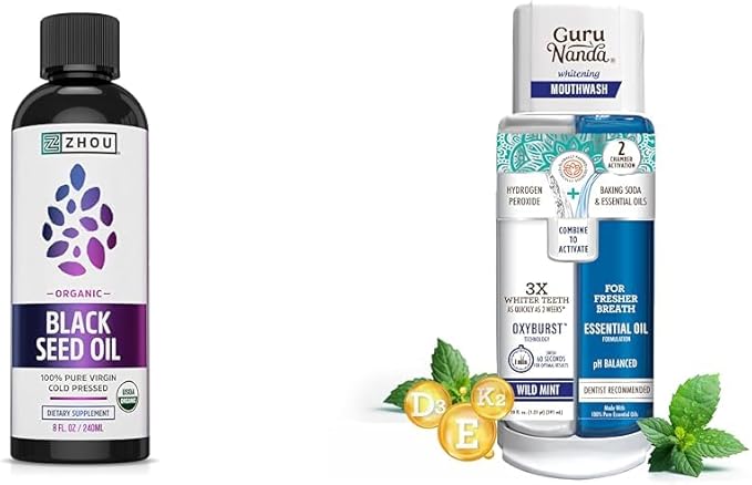 ZHOU Black Seed Oil Omega 3 6 9 + GuruNanda Whitening Mouthwash with Essential Oils - 20 Fl Oz