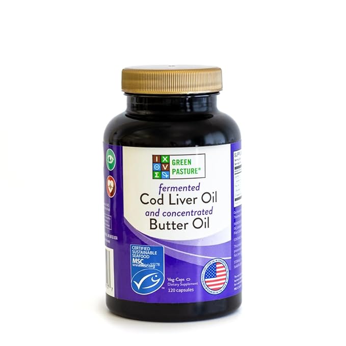 Green Pasture Fermented Cod Liver Oil &amp Butter Oil Blend - Wild Alaska Cod Vitamins A &amp D Omega-3-6-9 MSC Certified 120 Capsules