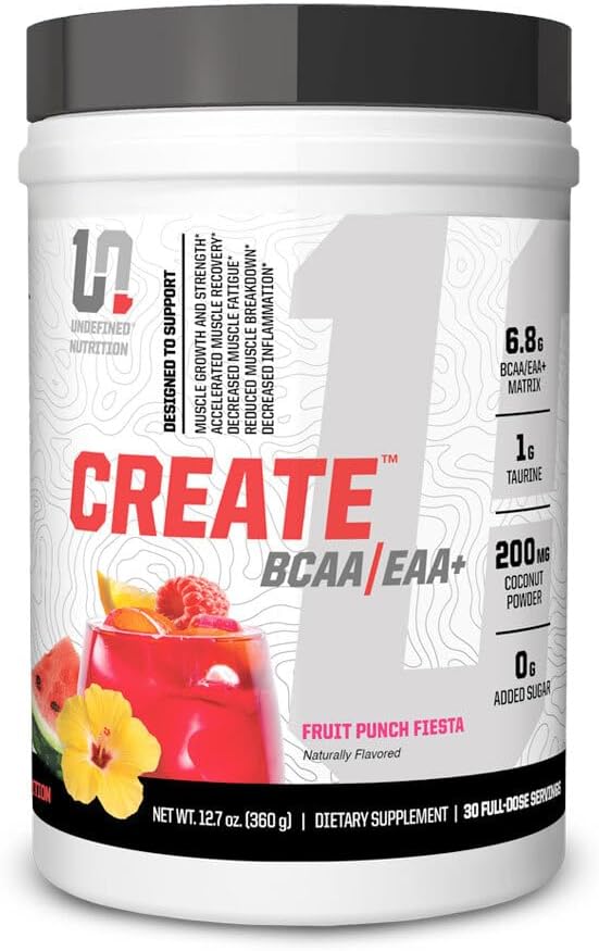 Undefined Nutrition Create BCAA/EAA+ by Brian Shaw -Muscle Recovery &amp Endurance 6.8g BCAA/EAA Matrix -Full Spectrum BCAA + Essential Amino Acids Supplement – 30 Servings (127 oz Fruit Punch Fies