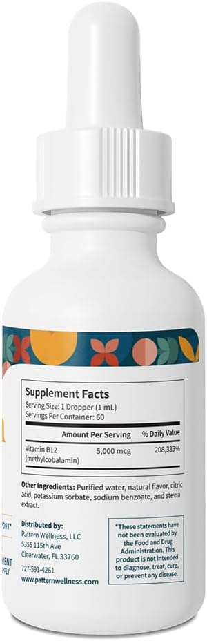 Pattern Wellness Vitamin B12 5000 mcg – Sublingual Liquid Drops – Methylcobalamin Supports Energy &amp Immune Health – Vegan Citrus Flavor – 2 fl. oz (60mL) 3rd Party Lab Tested
