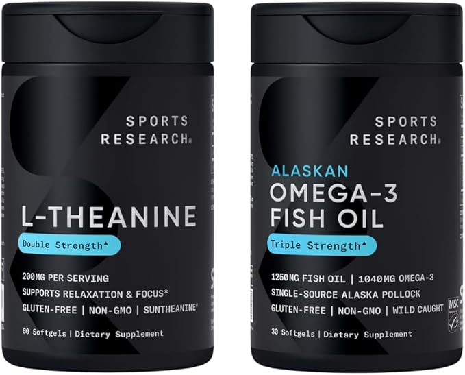 Sports Research Double Strength L-Theanine Suntheanine for Focus Relaxation &amp Alertness Non-Drowsy Support + Coconut Oil 60 Count &amp Triple Strength Omega 3 Fish Oil 1250mg Burpless Omega3 EPA
