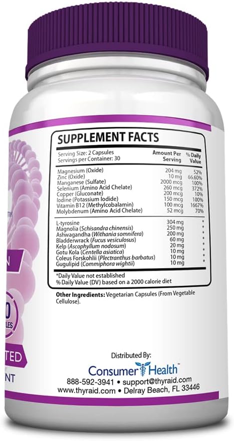 ThyrAid - Thyroid Supplement - Iodine Kelp Ashwagandha - Vegan - 60 Capsules (1 Month Supply)