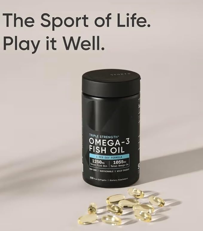 Sports Omega-3 Fish Oil Triple Strength (150 Counts) Burp-Less Formula 1250 mg Fish Oil 1055mg Omega 3 1 Softgel per Day