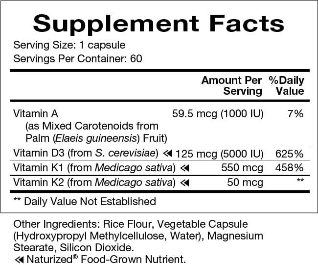 Natura Health Products D-A-K (ADK) – D3 5000 IU K2 50 mcg K1 550 mcg &amp Vitamin A 1000 IU – Bone Heart &amp Immune Support – Fat-Soluble Calcium Metabolism – 60 Vegetarian Capsules