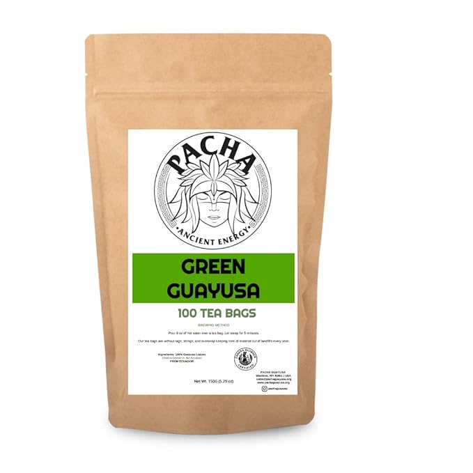 GREEN GUAYUSA TEA BAGS by PACHA | 100 Tea Bags | 1.5g leaf in each | ~33 mg Caffeine per cup | Clean &amp Balanced Energy |
