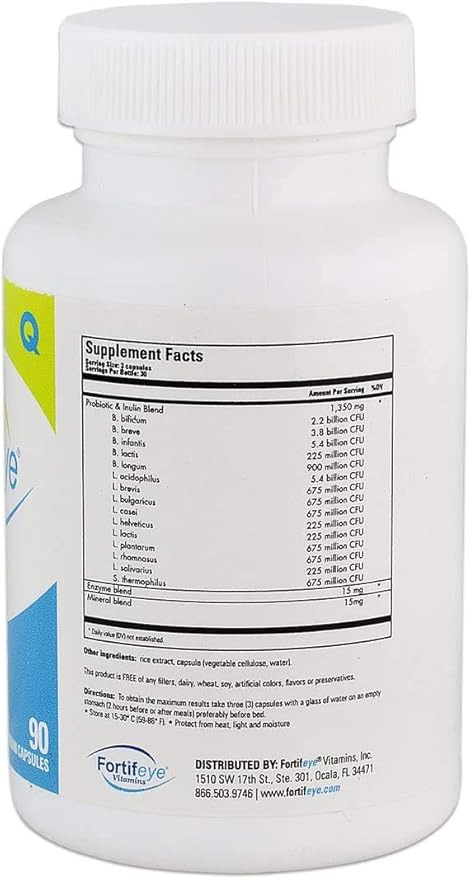 Fortifeye Probiotic Bacteria Vegan Supplement with Digestive Enzymes 270 Capsules 90 Day Supply - Probiotics for Digestive Health Women Men &amp Kids Supports Digestion Bloating and Ocular Systems