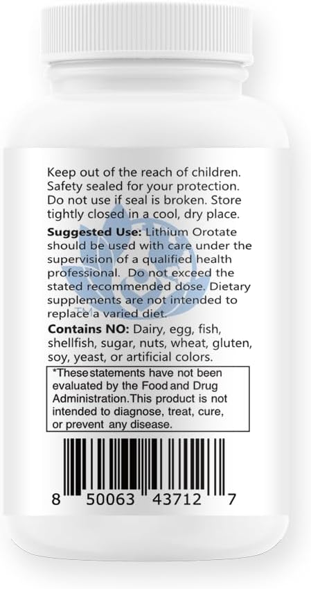 Lithium Oro 5mg Supports Healthy Mood Emotional Wellness Behavior and Memory. Bioavailable 100 Caps (Elemental Lithium Orotate) (5)