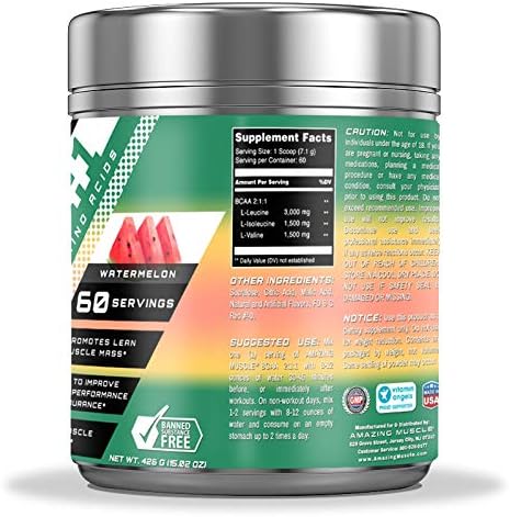Amazing Muscle BCAA 2:1:1 Branched Chain Amino Acids Supplement | 6000 Mg Per Serving | 60 Servings | Watermelon Flavor