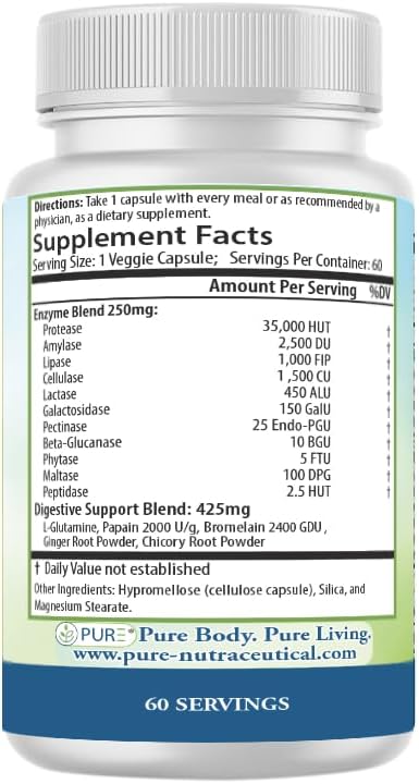 PURE® Digestive Enzymes+ with Probiotics - 60 Capsules - Advanced Gut Health &amp Bloat Relief - Full Spectrum Enzyme Blend for Protein Carb &amp Fat Digestion - Made in USA