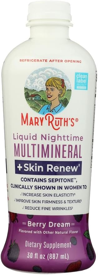 MaryRuth's Liquid Nighttime Liquid Multimineral + Skin Renew | Clinically Shown in Women to Reduce Fine Wrinkle &amp Improve Skin Firmness | Sepitone | NO Melatonin | Magnesium | Vegan | 30 Servings