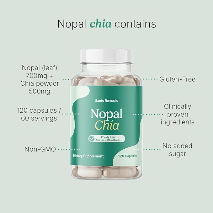 Santo Remedio Super Nopal Cactus Capsules with Chia – Prickly Pear Supplement Gluten Free Non-GMO No Added Sugar 120 Capsules (60 Servings) – Wellness Support Gift for Family