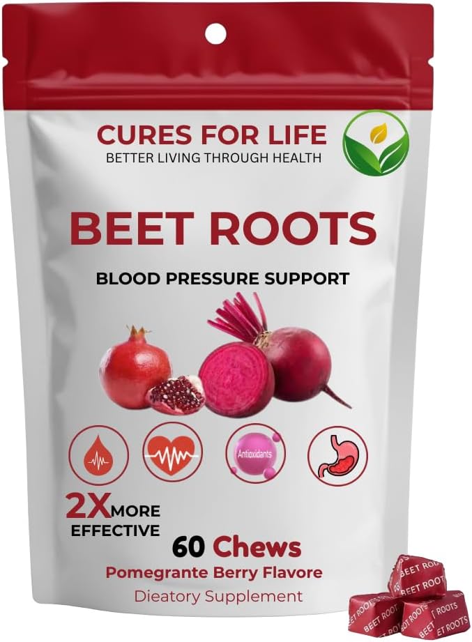 Beet Root Heart Chews Nitric Oxide and Blood Pressure Support Grape Seed Extract &amp Non-GMO Beet Root Powder Energy Supplement Pomegranate Berry Flavor 60 Count