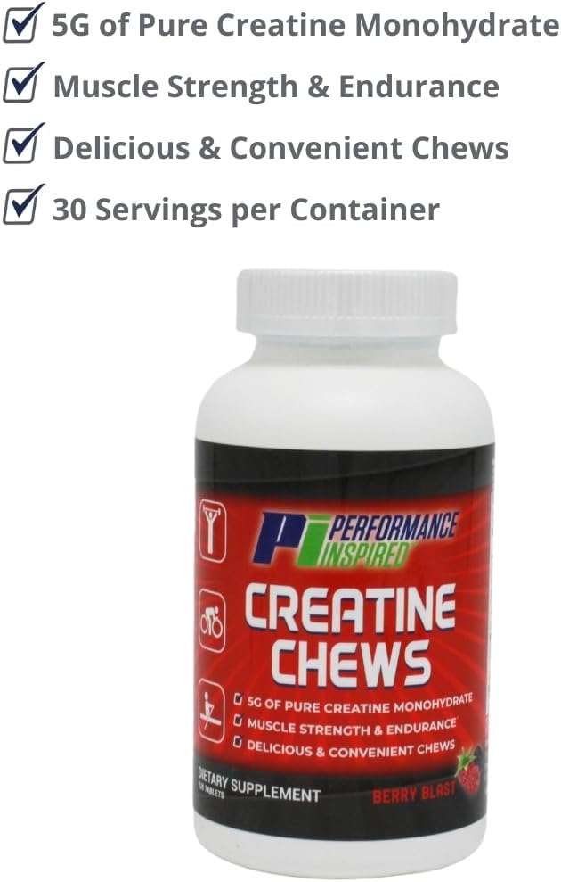 PERFORMANCE INSPIRED Nutrition Creatine Chew – 5g Creatine Monohydrate – Supports Muscle Growth &amp Recovery – Berry Blast Flavor – 120 Count