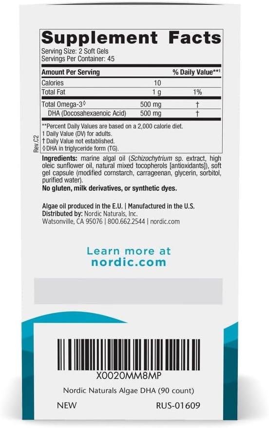 Nordic Naturals Algae DHA - 90 Soft Gels - 500 mg Omega-3 DHA - Certified Vegan Algae Oil - Plant-Based DHA - Brain Eye &amp Nervous System Support - Non-GMO - 45 Servings