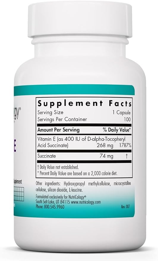 Nutricology Vitamin E Succinate - 400 IU d-Alpha-Tocopheryl Succinate - Antioxidant &amp Energy Support - Dry Powder Vegetarian Capsules - Hypoallergenic Formula - 100 Servings - 100 Capsules