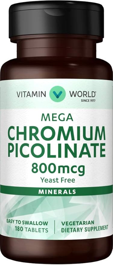 Vitamin World Mega Chromium Picolinate 800 mcg. 180 Tablets Trace Mineral Supplement Yeast-Free Vegetarian Gluten Free