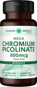 Vitamin World Mega Chromium Picolinate 800 mcg. 180 Tablets Trace Mineral Supplement Yeast-Free Vegetarian Gluten Free