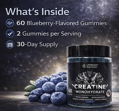 Strength &amp Performance Gummies – Creatine Monohydrate for Muscle Growth | Vegan Halal Non-GMO Blueberry Flavor (60 Ct)