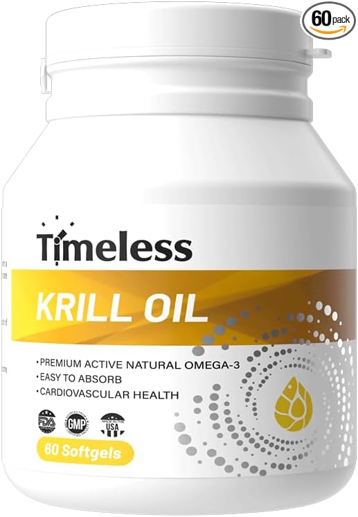 Timeless Krill Oil Capsules Premium Omega3 Supplement Easy to Absorb 1000mg Per Serving Supports Imuune Health 60 Capsules