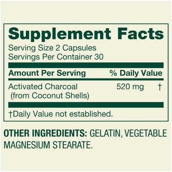Activated Charcoal Dietary Supplement 520 mg 60 Count