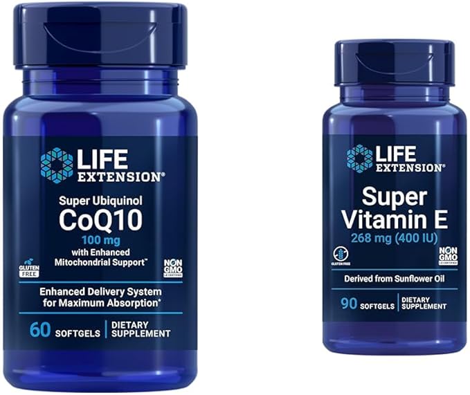 Life Extension Super Ubiquinol CoQ10 Heart Health Cellular Energy 60 Softgels and Super Vitamin E 268mg Immune &amp Brain Health 90 Softgels Bundle