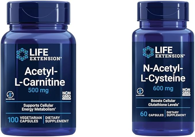 Life Extension Acetyl-L-Carnitine Cellular Energy Brain Nerve Support + N-Acetyl-L-Cysteine Immune Respiratory Liver Health Antioxidant 100 + 60 Capsules