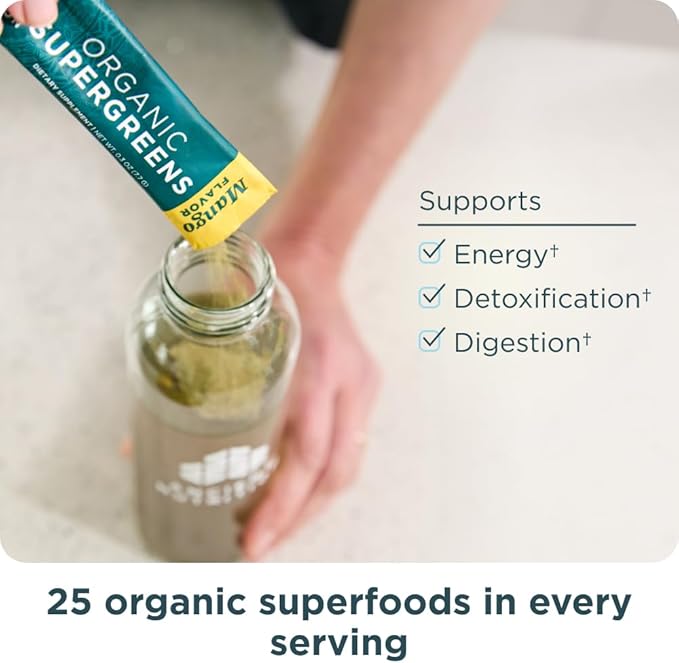 Ancient Nutrition SuperGreens Powder with Probiotics Organic Mango Flavor Greens Made from Real Fruits Vegetables and Herbs Digestive and Energy Support 16 Stick Packs 4.3oz