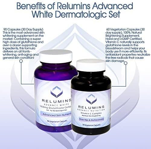Relumins Advanced White Set - 1650mg Glutathione Complex (90 Capsules) and Advanced Vitamin C with Rose Hips and Bioflavonoids (60 Capsules) Bundle