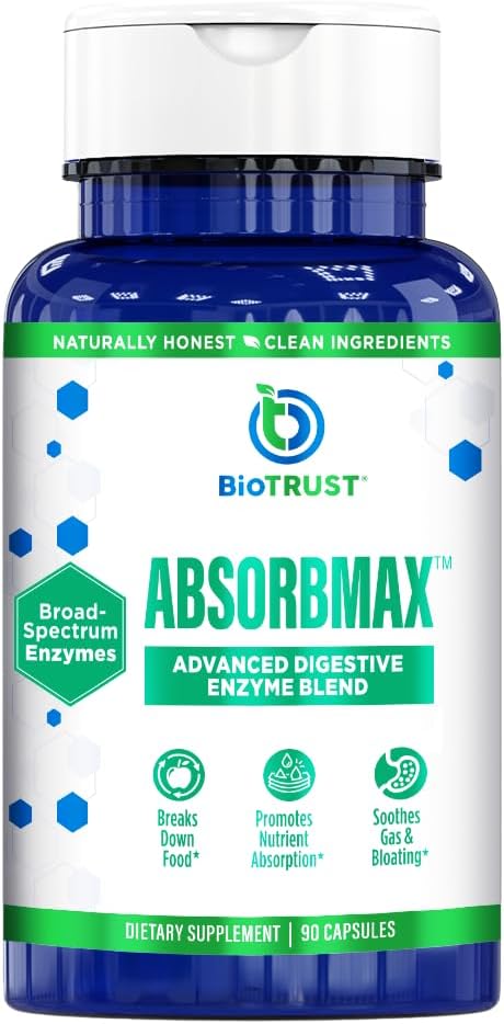 BioTrust AbsorbMax Broad Spectrum Digestive Enzyme Blend Gluten Free Non GMO Digestive Support for Nutrient Digestion Absorption and Periodic Digestive Discomfort and Bloating