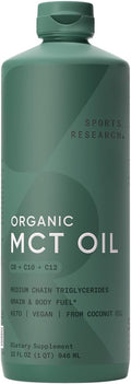 Sports Research Organic MCT Oil - Keto &amp Vegan MCTs C8 C10 C12 from Coconuts - Fatty Acid Brain &amp Body Fuel Non-GMO &amp Gluten Free - Flavorless Oil Perfect in Coffee Tea &amp Protein