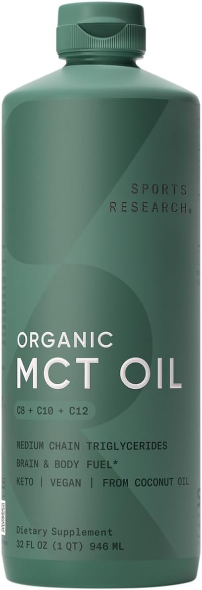 Sports Research Organic MCT Oil - Keto &amp Vegan MCTs C8 C10 C12 from Coconuts - Fatty Acid Brain &amp Body Fuel Non-GMO &amp Gluten Free - Flavorless Oil Perfect in Coffee Tea &amp Protein