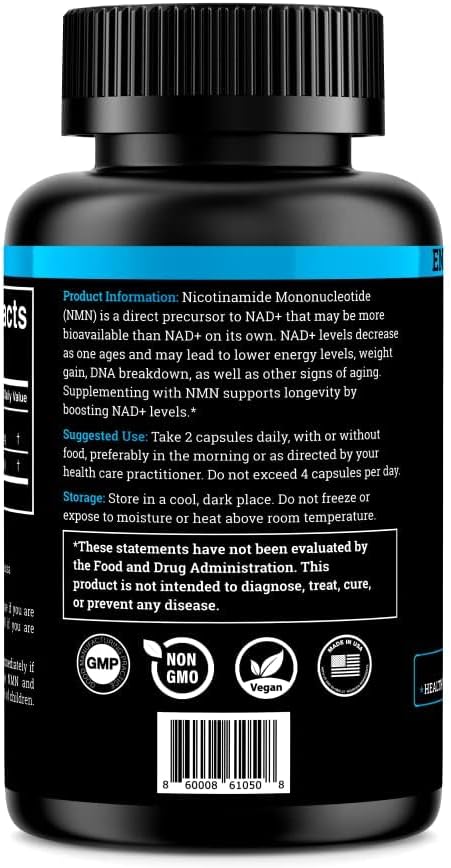 Black Forest NMN Supplements 1000mg (Nicotinamide Mononucleotide) 99% Pure Stabilized Form BioPerine® for Enhanced Bioavailability (60 Capsules) (NMN 1000mg per Serving) NAD Supplement for NAD