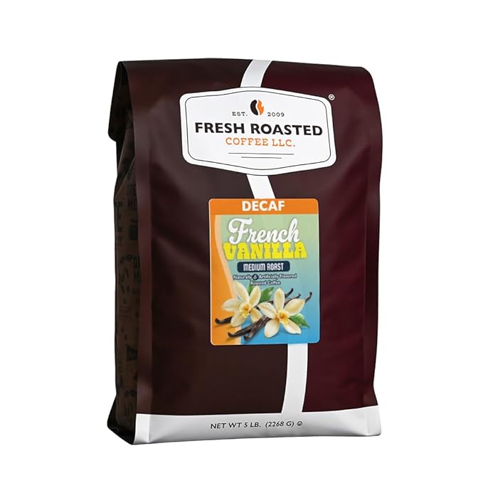 Fresh Roasted Coffee Decaf French Vanilla Flavored Coffee 5 lb (80 oz) Medium Roast Kosher Ground