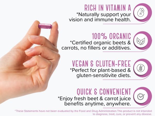 Organic Beet Root &amp Carrot Juice Powder Capsules – USA Grown Raw Cold Pressed – Nitric Oxide Eye Health Skin &amp Heart Support – Beta Carotene Whole Food Vitamin A – Vegan Non-GMO Kosher –