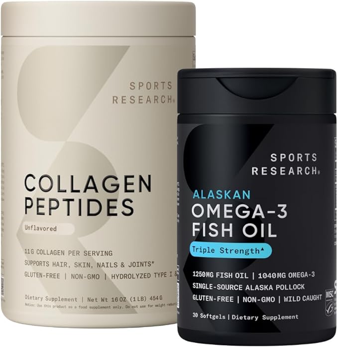 Sports Research Triple Strength Omega 3 Fish Oil 1250mg Burpless Supplement with Omega3s EPA &amp DHA Non-GMO Gluten Free and Collagen Peptides for All Genders Hydrolyzed Type 1 &amp 3 Powder Prote